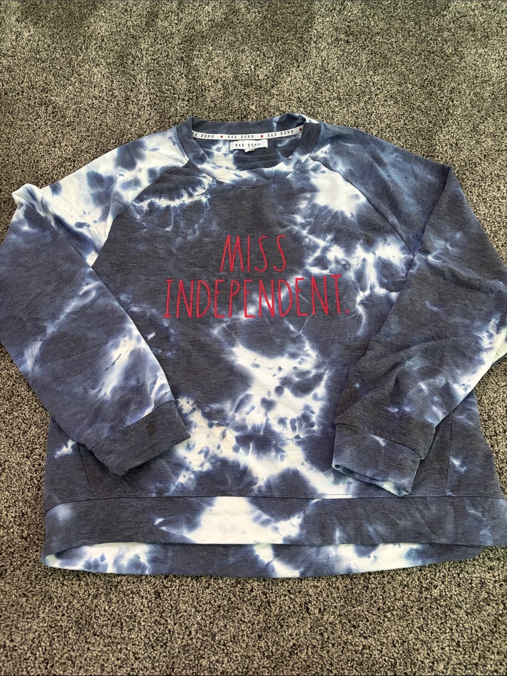 Rae Dunn Navy and White Tie-Dye "Miss Independent" Crewneck